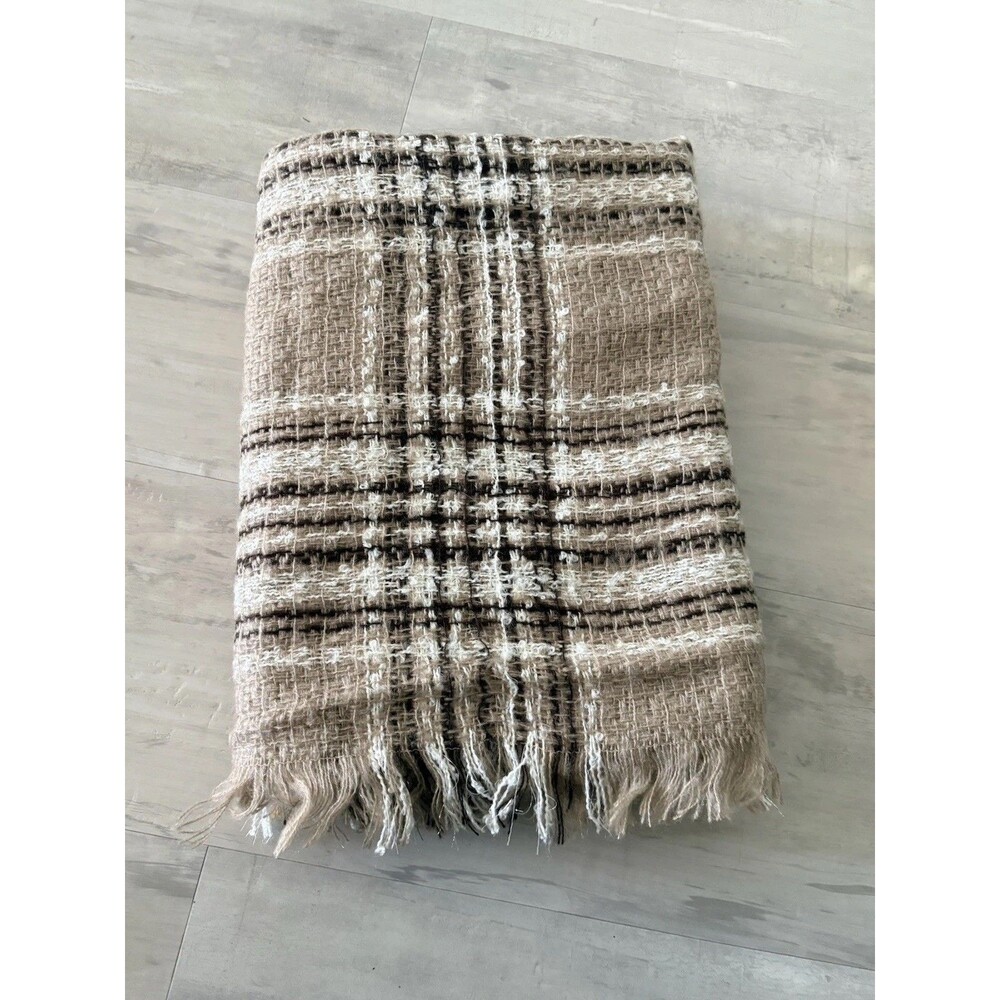 Womens Scarf Tan Brown Metallic Plaid Fringe 100% Acrylic 74 x 27